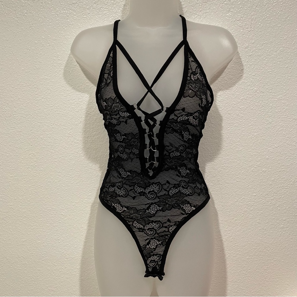 black lace mesh lace tie up lingerie sexy bodysuit